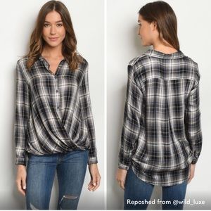 Grey Plaid Checkered Gathered Hem Top Large